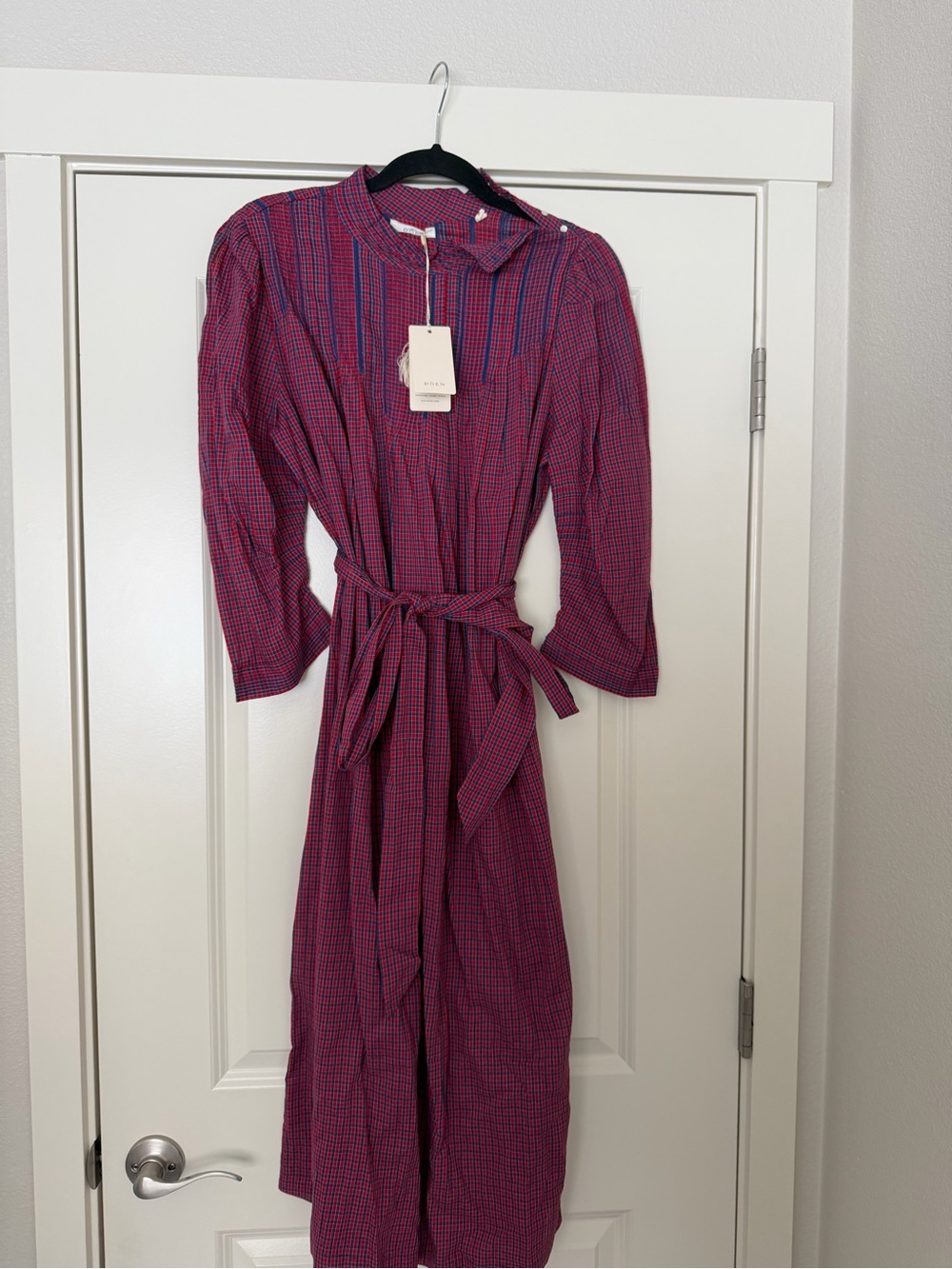 Doen Red and Blue Plaid Midi Shirt Dress with Waist Tie